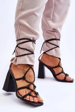 Damskie Boto Skórzane Wiązane Sandały Na Obcasie Czarne Amare