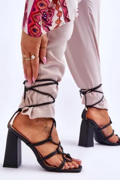 Damskie Boto Skórzane Wiązane Sandały Na Obcasie Czarne Amare