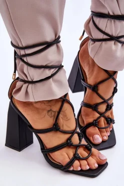 Damskie Boto Skórzane Wiązane Sandały Na Obcasie Czarne Amare