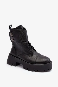 Damskie Boto Skórzane Workery Botki Damskie Czarne Lemar Anceria