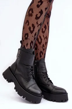 Damskie Boto Skórzane Workery Botki Damskie Czarne Lemar Anceria