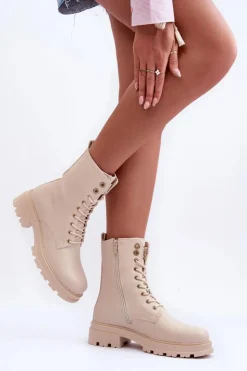 Damskie Boto Skórzane Workery Botki Z Ozdobą Beżowe Yemannis