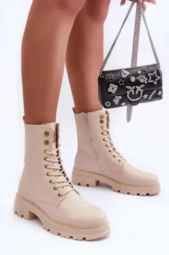 Damskie Boto Skórzane Workery Botki Z Ozdobą Beżowe Yemannis