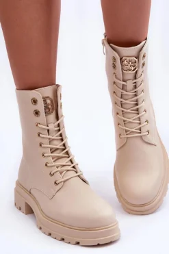 Damskie Boto Skórzane Workery Botki Z Ozdobą Beżowe Yemannis