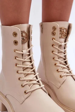 Damskie Boto Skórzane Workery Botki Z Ozdobą Beżowe Yemannis