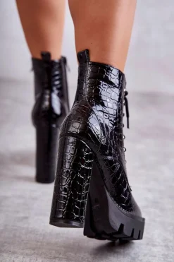 Boto Botki Sznurowane|Botki Na Słupku*Skórzane Wężowe Botki Na Wysokim Obcasie Czarne Madly