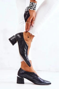 Boto Czółenka Na Słupku*Skórzane Wężowe Czółenka Ciemnoszare Alissa