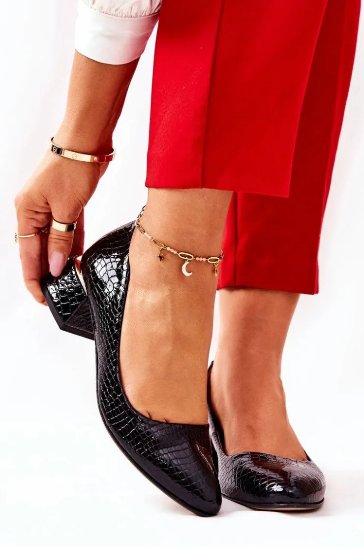 New Boto Skórzane Wężowe Czółenka Lewski 3118 Czarne Czarny