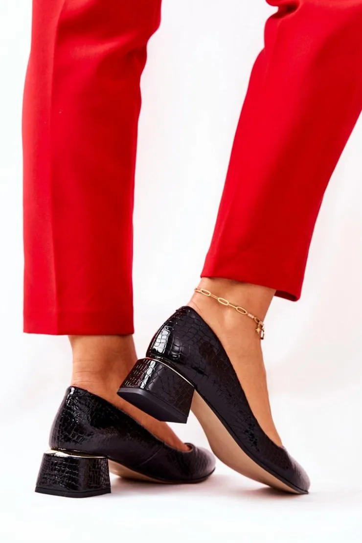 New Boto Skórzane Wężowe Czółenka Lewski 3118 Czarne Czarny