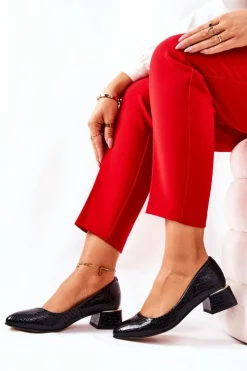 New Boto Skórzane Wężowe Czółenka Lewski 3118 Czarne Czarny