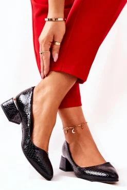 New Boto Skórzane Wężowe Czółenka Lewski 3118 Czarne Czarny