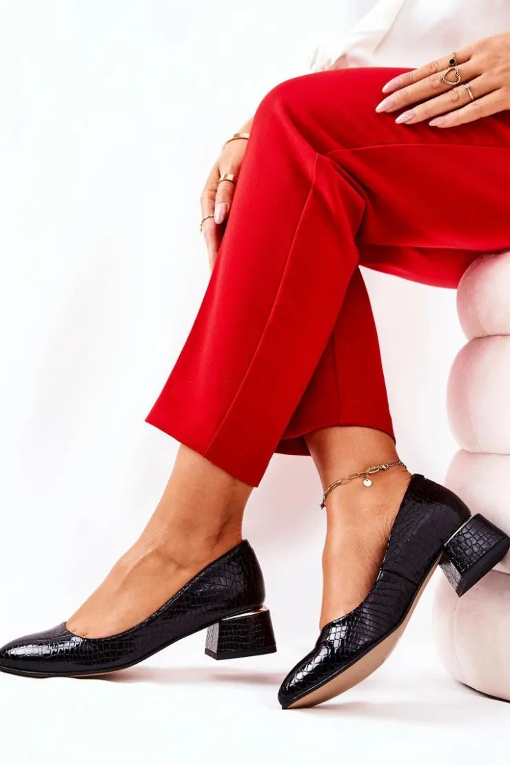 New Boto Skórzane Wężowe Czółenka Lewski 3118 Czarne Czarny