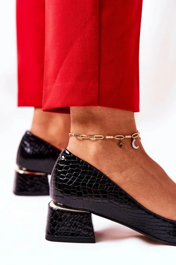 New Boto Skórzane Wężowe Czółenka Lewski 3118 Czarne Czarny