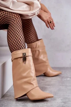Boto Kozaki Wiosenne|Kozaki Na Szpilce*Skórzane Wsuwane Kozaki Na Szpilce Beżowe Steffi Beżowy
