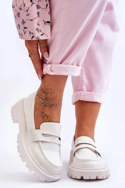 Damskie Boto Skórzane Wsuwane Mokasyny Na Platformie Białe Riverside