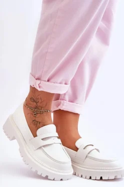 Damskie Boto Skórzane Wsuwane Mokasyny Na Platformie Białe Riverside