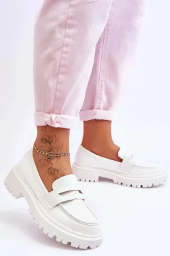 Damskie Boto Skórzane Wsuwane Mokasyny Na Platformie Białe Riverside