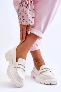 Damskie Boto Skórzane Wsuwane Mokasyny Na Platformie Białe Riverside