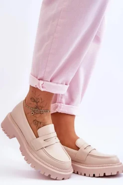 Damskie Boto Skórzane Wsuwane Mokasyny Na Platformie Beżowe Riverside