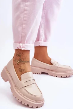 Damskie Boto Skórzane Wsuwane Mokasyny Na Platformie Beżowe Riverside