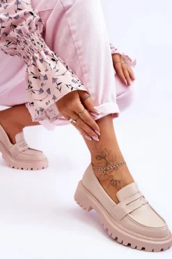 Damskie Boto Skórzane Wsuwane Mokasyny Na Platformie Beżowe Riverside