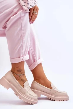 Damskie Boto Skórzane Wsuwane Mokasyny Na Platformie Beżowe Riverside