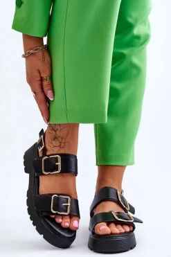 Damskie Boto Skórzane Wygodne Sandały Czarne Alayah