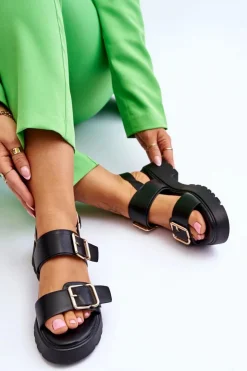 Damskie Boto Skórzane Wygodne Sandały Czarne Alayah