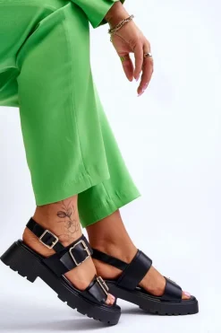 Damskie Boto Skórzane Wygodne Sandały Czarne Alayah