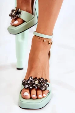 Discount Boto Skórzane Wygodne Sandały Z Kryształami Zielone Absence