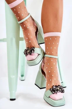 Discount Boto Skórzane Wygodne Sandały Z Kryształami Zielone Absence