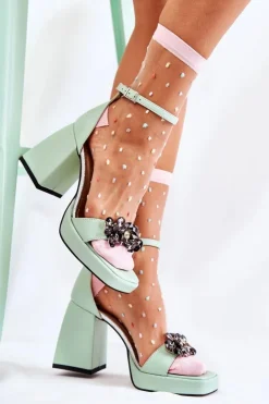 Discount Boto Skórzane Wygodne Sandały Z Kryształami Zielone Absence