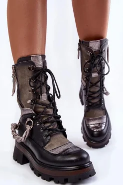 Maciejka Botki Maciejka|Czarne Botki*Skórzane Wysokie Botki Workery 05586-01 Czarno-Szare