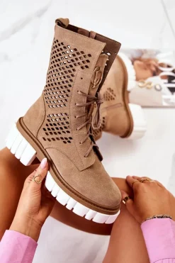 Boto Botki Wiosenne|Brązowe I Beżowe Botki*Skórzane Wysokie Botki Workery Nicole Jasnobrązowe 2706 Brązowy