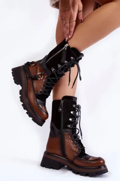 Damskie Maciejka Skórzane Wysokie Botki Workery 05586-29 Brązowo-Czarne