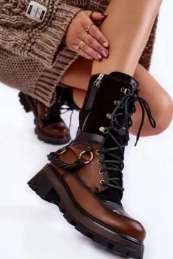 Damskie Maciejka Skórzane Wysokie Botki Workery 05586-29 Brązowo-Czarne