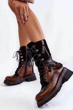 Damskie Maciejka Skórzane Wysokie Botki Workery 05586-29 Brązowo-Czarne