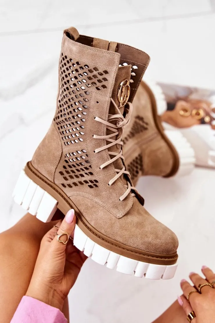 Online Boto Skórzane Wysokie Botki Workery Nicole Camel 2706