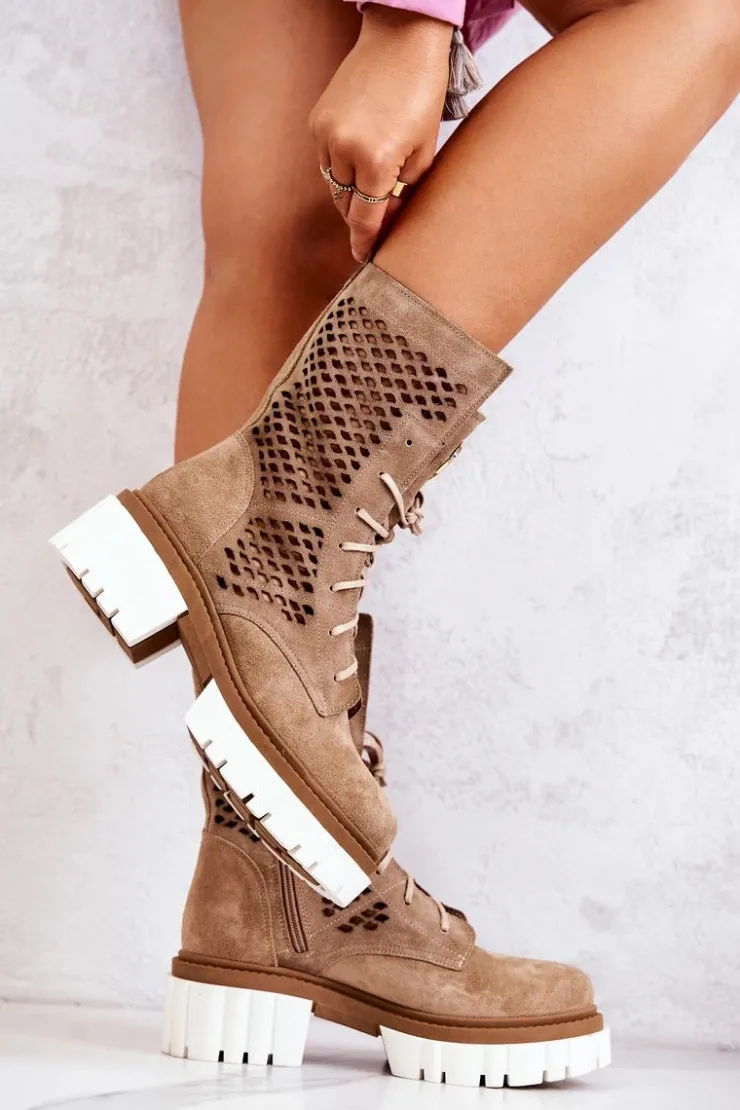 Online Boto Skórzane Wysokie Botki Workery Nicole Camel 2706