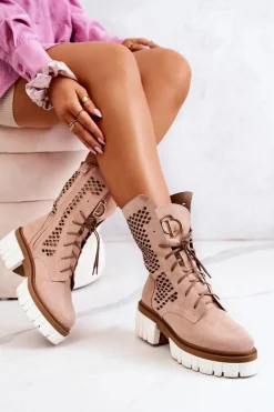 Damskie Boto Skórzane Wysokie Botki Workery Nicole Różowe 2706