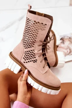 Damskie Boto Skórzane Wysokie Botki Workery Nicole Różowe 2706