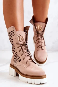 Damskie Boto Skórzane Wysokie Botki Workery Nicole Różowe 2706