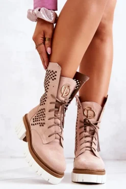 Damskie Boto Skórzane Wysokie Botki Workery Nicole Różowe 2706