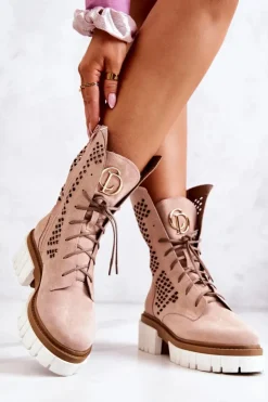 Damskie Boto Skórzane Wysokie Botki Workery Nicole Różowe 2706