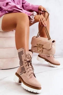 Damskie Boto Skórzane Wysokie Botki Workery Nicole Różowe 2706