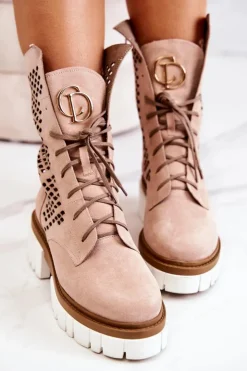 Damskie Boto Skórzane Wysokie Botki Workery Nicole Różowe 2706