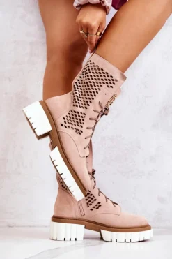 Damskie Boto Skórzane Wysokie Botki Workery Nicole Różowe 2706