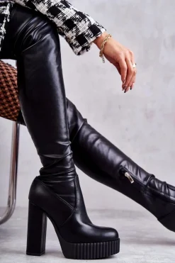 Outlet Boto Skórzane Wysokie Kozaki Na Platformie Czarne Katrina