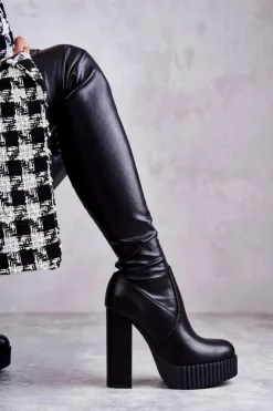Outlet Boto Skórzane Wysokie Kozaki Na Platformie Czarne Katrina