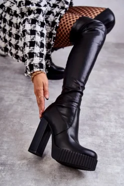 Outlet Boto Skórzane Wysokie Kozaki Na Platformie Czarne Katrina